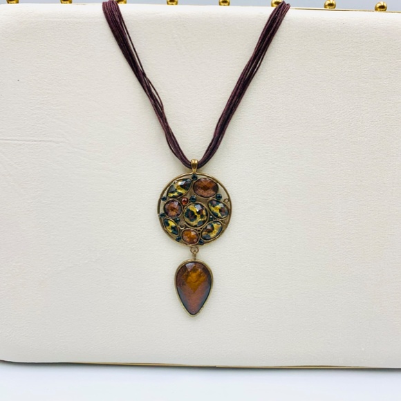 Animal/Leopard gold tone multi stone tear drop statement necklace on brown cord - Picture 10 of 15